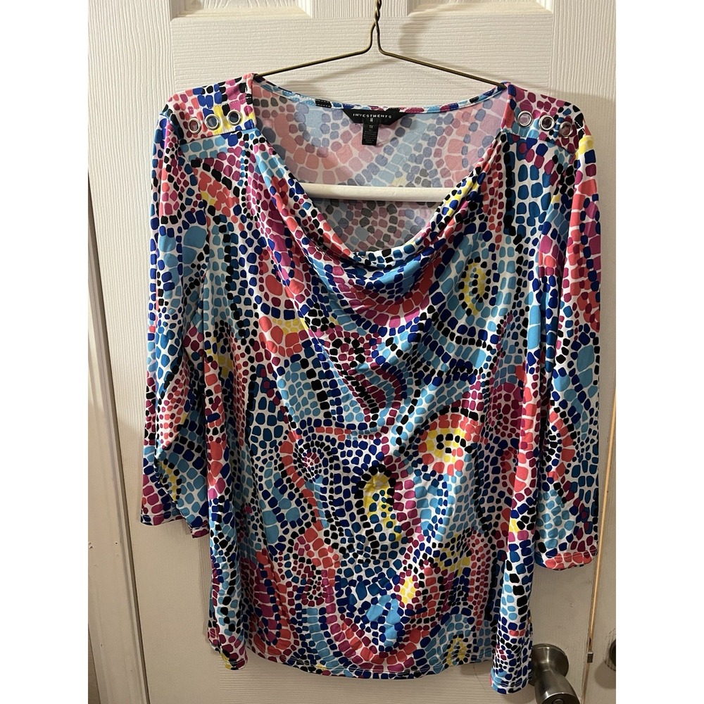 Investments Draped Neck Top Women's Plus Size 1X Colorful Soft 3/4 Sleeve Career